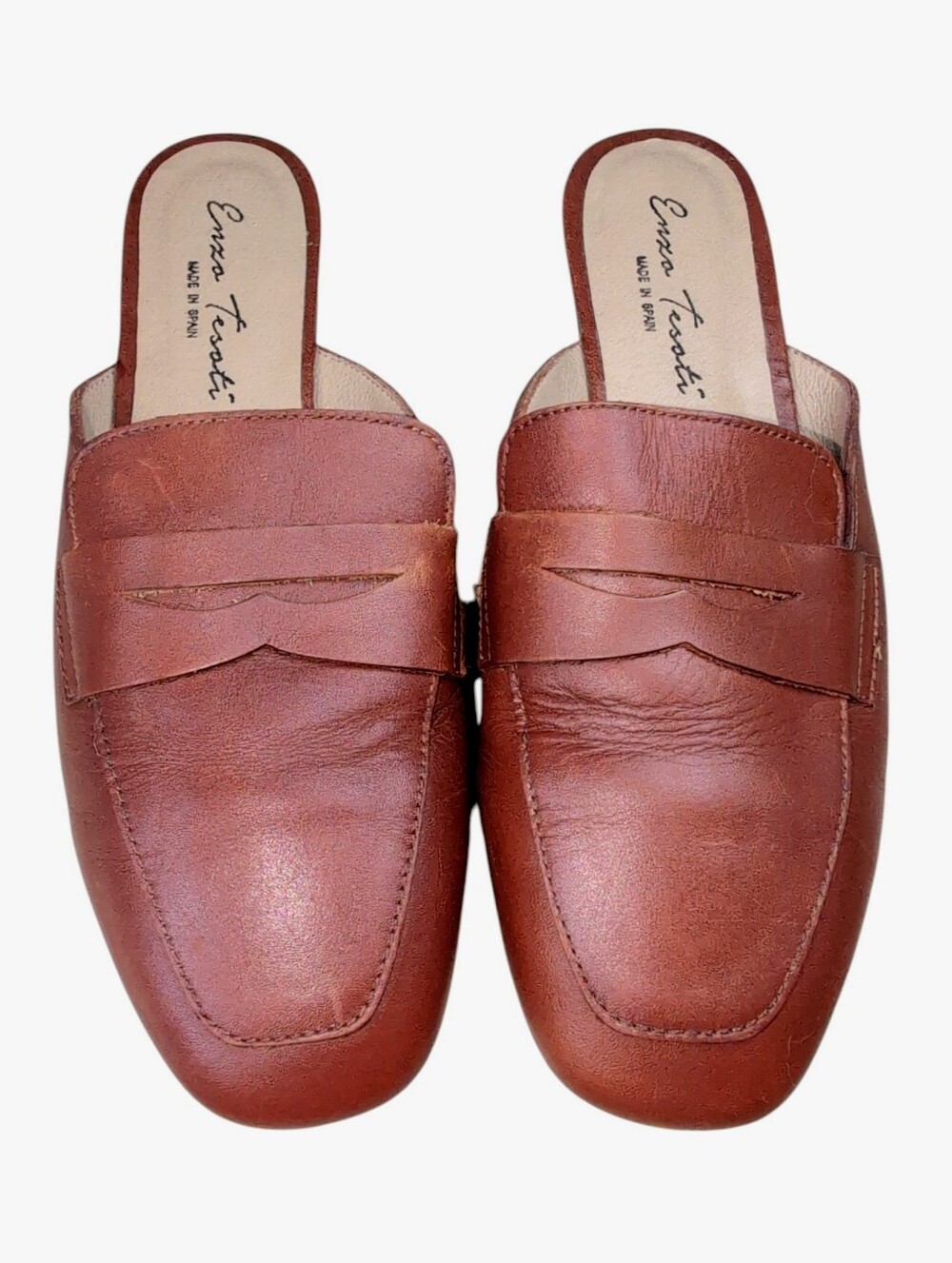 Enzo Tesoti Made in Spain Leather Mule Flat Loafer Brown Leather Womens Size 8.5